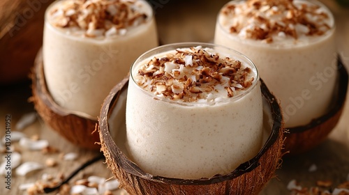 Close-up of a thick coconut milkshake in a coconut shell, topped with toasted coconut flakes and a hint of vanilla bean.