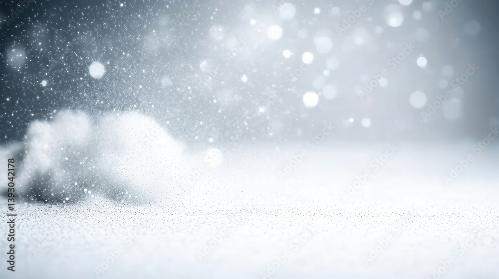 Snowy, sparkly, winter backdrop. Soft, diffused light, creating a serene, elegant scene. Delicate snow-like particles and silver glitter Snowy, sparkly, winter backdrop. Soft, diffused light, creating a serene, elegant scene. Delicate snow-like particles and silver glitter