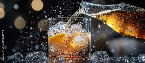 Close-up of a transparent bottle being poured into a glass, sparkling citrus soda splashing over ice.