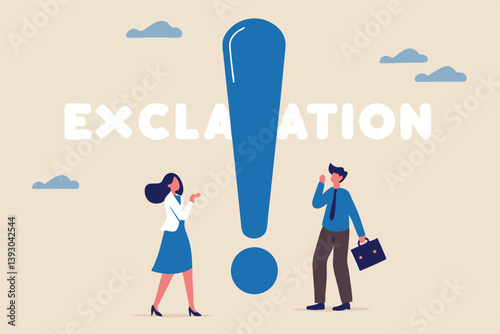 Big exclamation mark for important information, answer or resolve problem, solution or risk warning, attention or punctuation concept, business people thinking on big problem exclamation point.