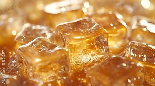 Close-up of ice cubes melting in a fizzy soft drink, caramel hue glowing in the light.
