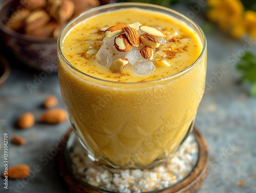 Close-up of saffron-infused sweet lassi, topped with almonds and crushed ice, on a glass coaster.