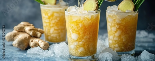 Close-up shot of sugarcane juice being poured into a tall glass with crushed ice and ginger slices.
