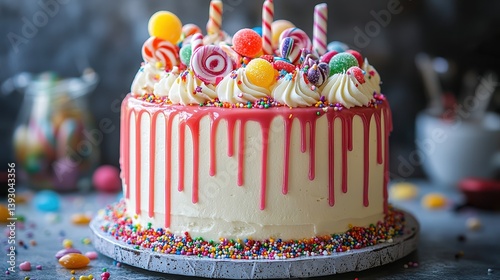  Candy drip cake with rainbow sprinkles, colorful icing drips down white buttercream, table bright with celebration energy