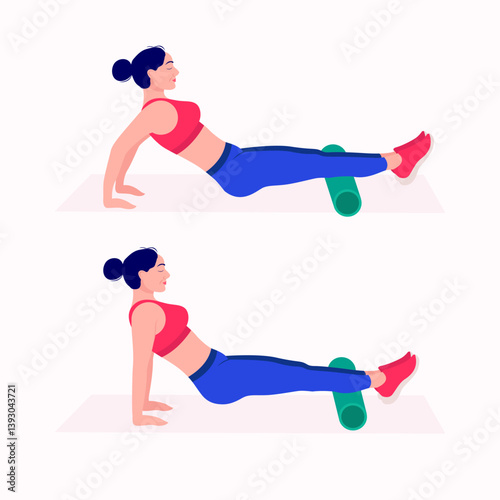 Foam Roller Workout. women exercise vector set. Women doing fitness and yoga exercises with Foam Roller. 