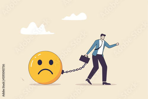 Stressed burden, anxiety or negative thinking, anger or emotional causing problem, mental health or depression, overworked or overwhelmed concept, depressed businessman chain with sad face burden.