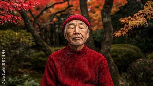 In a portrait, a wise and aged Asian man, wearing a red knitted hat and sweater, is depicted meditating with his eyes closed, exuding a sense of peacefulness and calm, symbolizing a fantasy Asian