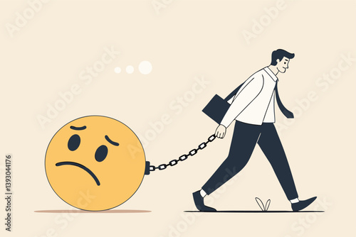 Stressed burden, anxiety or negative thinking, anger or emotional causing problem, mental health or depression, overworked or overwhelmed concept, depressed businessman chain with sad face burden.
