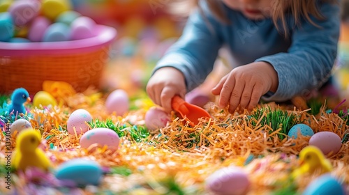  Child playing with colorful Easter eggs and shredded grass, tiny chicks nearby, joyful hunt scene filled with springtime festivity.