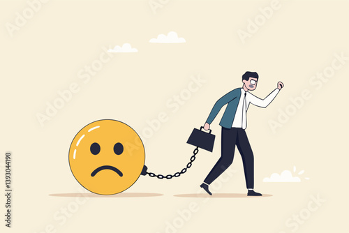 Stressed burden, anxiety or negative thinking, anger or emotional causing problem, mental health or depression, overworked or overwhelmed concept, depressed businessman chain with sad face burden.