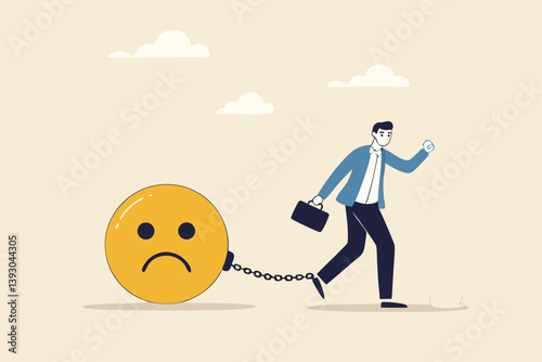 Stressed burden, anxiety or negative thinking, anger or emotional causing problem, mental health or depression, overworked or overwhelmed concept, depressed businessman chain with sad face burden.