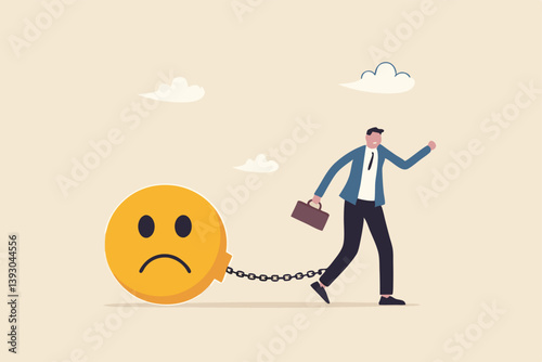 Stressed burden, anxiety or negative thinking, anger or emotional causing problem, mental health or depression, overworked or overwhelmed concept, depressed businessman chain with sad face burden.