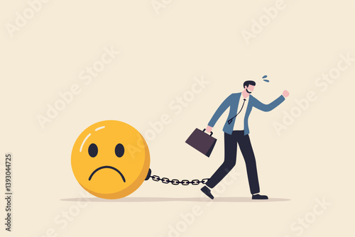 Stressed burden, anxiety or negative thinking, anger or emotional causing problem, mental health or depression, overworked or overwhelmed concept, depressed businessman chain with sad face burden.