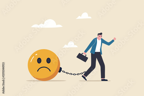 Stressed burden, anxiety or negative thinking, anger or emotional causing problem, mental health or depression, overworked or overwhelmed concept, depressed businessman chain with sad face burden.
