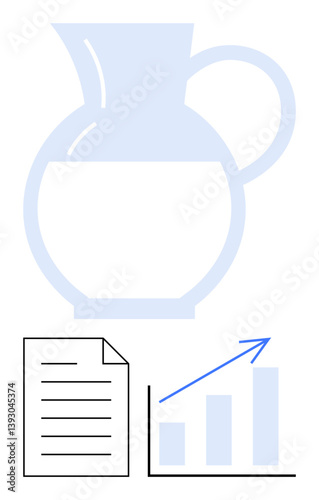 Large jug with partial water, document with lines, and bar chart with upward arrow. Ideal for sustainability, efficiency, growth, strategy, documentation, resource planning flat simple metaphor