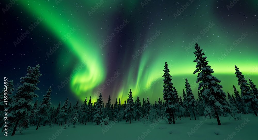 Naklejka premium Northern lights dancing above a snowy pine forest.