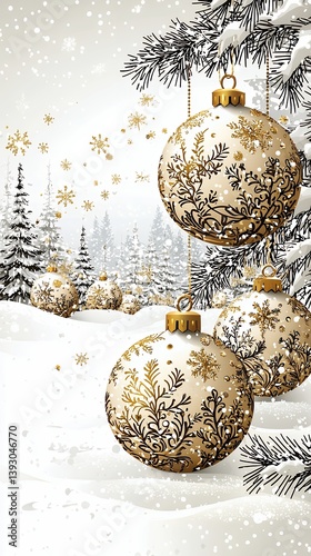 Elegant Christmas scene with ornate gold baubles hanging from snow-laden branches, nestled in a winter wonderland landscape