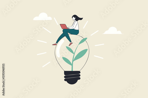 Sustainability business or environmental care in office, ecology company culture or social responsibility strategy, ESG concept, businesswoman working with computer on green sustainable lightbulb.