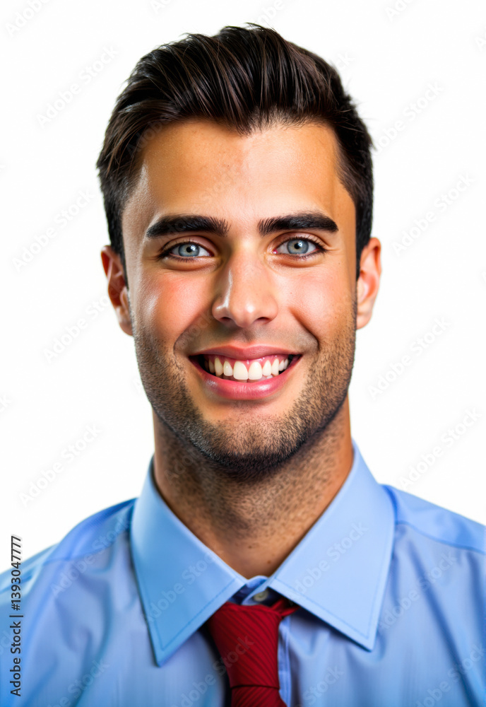Portrait of smiling businessman wearing blue shirt and red tie Portrait of smiling businessman wearing blue shirt and red tie