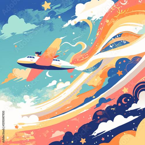 Flat vector illustration of plane in the sky. Vector EPS 10