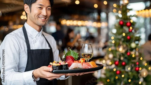 Smiling waiter presenting a sushi platter with a glass of wine in a festive restaurant setting
