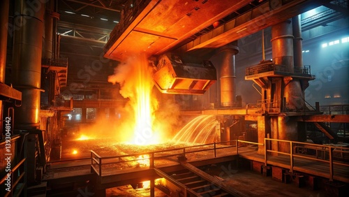 Electric Arc Furnace Steelmaking, Low Light Industrial Photography, Steel Production, Nighttime Foundry