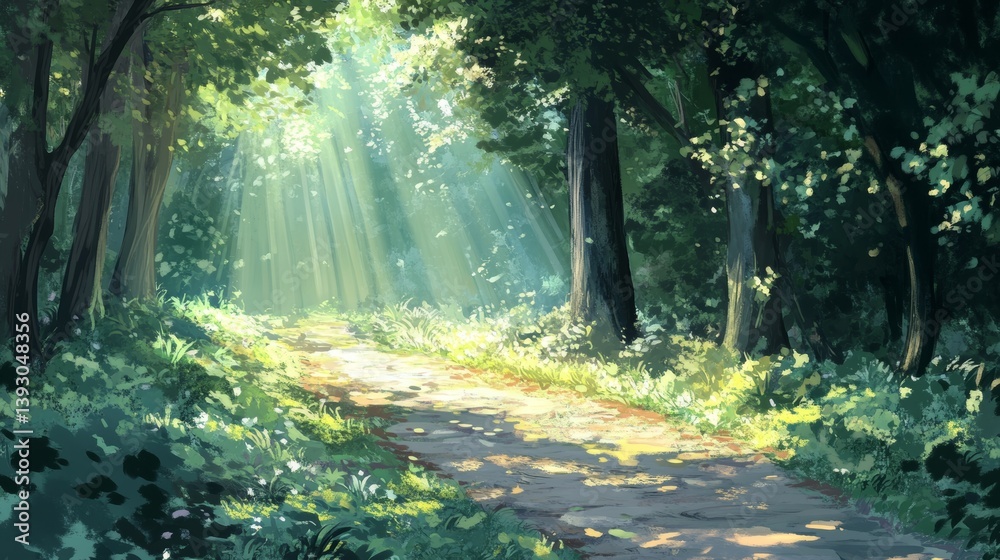 Obraz premium A peaceful forest path with dappled sunlight filtering through the leaves 
