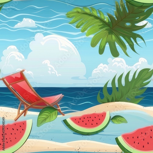 A lonely chair is resting on the beach alongside fresh watermelon slices