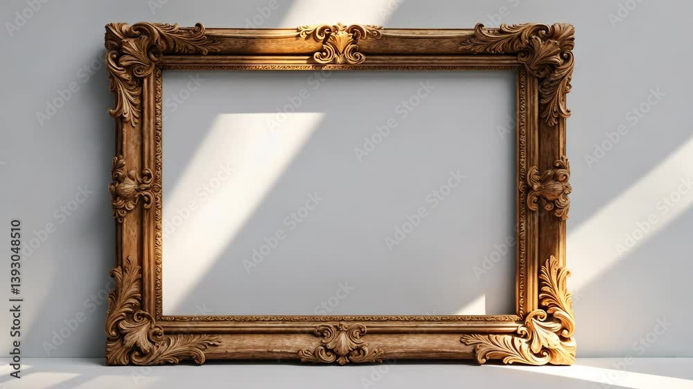 Vintage ornate wooden rectangular mockup canvas frame in antique golden brown against a white backdrop. Blank and various subject molding baguette. Design element. Ideal for paintings, mirrors, or