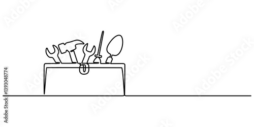 toolbox continuous one line drawing, Control Toolbox Continuous Line Editable Icon, Black and white repair tool picture for coloring cartoons for kids. This is a vector illustration for preschool pro.