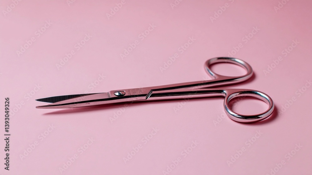 Precision scissors with a polished finish resting on a soft pink background perfect for crafting and personal use Precision scissors with a polished finish resting on a soft pink background perfect for crafting and personal use