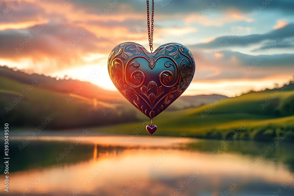 Fototapeta premium Ornate Heart Ornament Suspended Above Serene Rolling Hills and Calm Water at Sunset