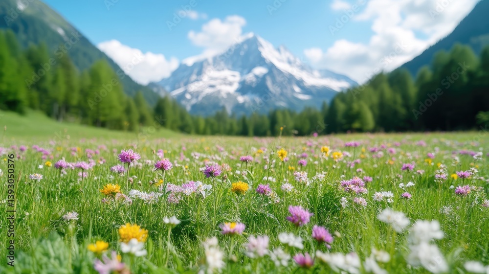 Fototapeta premium Alpine Wildflowers Mountain Meadow Vibrant Nature High-Definition Sharp Focus Landscape Close-up View Diverse Blooms Peaceful Serenity Idyllic Travel Brochure Soft Pastel Hues