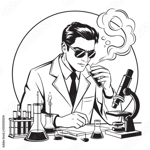  Scientist in Lab Coat with Sunglasses and Microscope, Black and White
