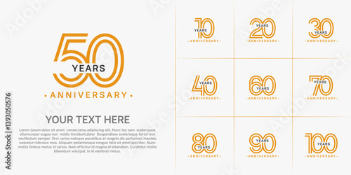 Anniversary logo style double line number set. orange and black color on white background for celebration event