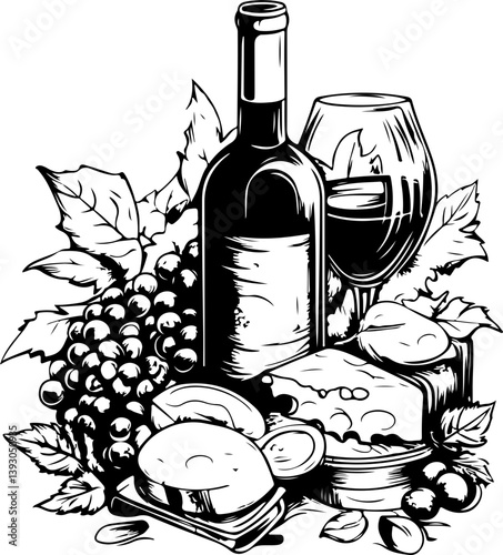 wine and cheese, vector, wine, bottle, illustration, design, vintage, art, drink, icon, symbol, alcohol, cartoon, glass, vine, label, food, nature, drawing, decoration