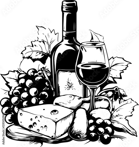 wine and cheese, vector, wine, bottle, illustration, design, vintage, art, drink, icon, symbol, alcohol, cartoon, glass, vine, label, food, nature, drawing, decoration