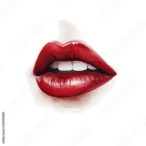 Red lipstick kiss mark, watercolor illustration, isolated on a white background.

