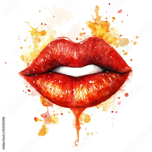 Red lipstick kiss mark, watercolor illustration, isolated on a white background.

