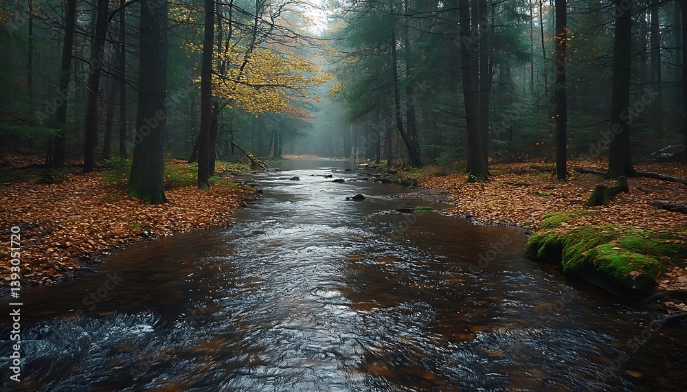 Fototapeta premium A tranquil forest stream flows through trees and fallen leaves