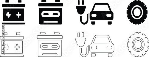 Electric Vehicle Components Collection Auto Spare Parts And Car Charging Icons