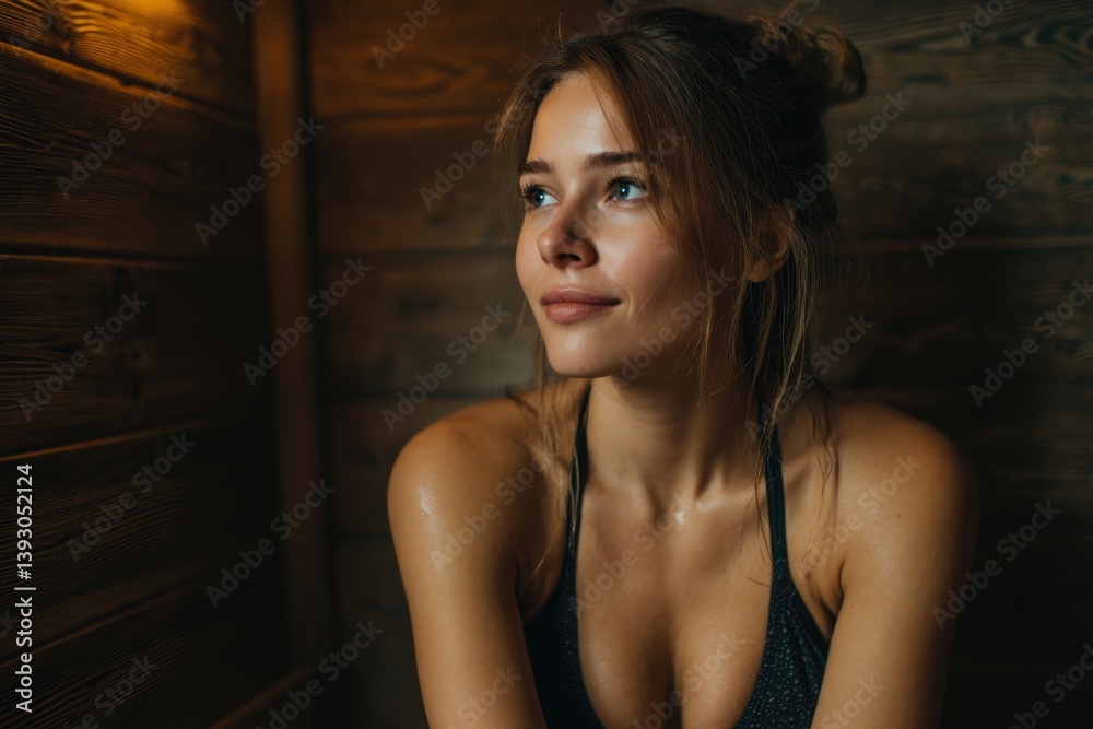 Fototapeta premium Beautiful woman sweating and relaxing inside a wooden sauna