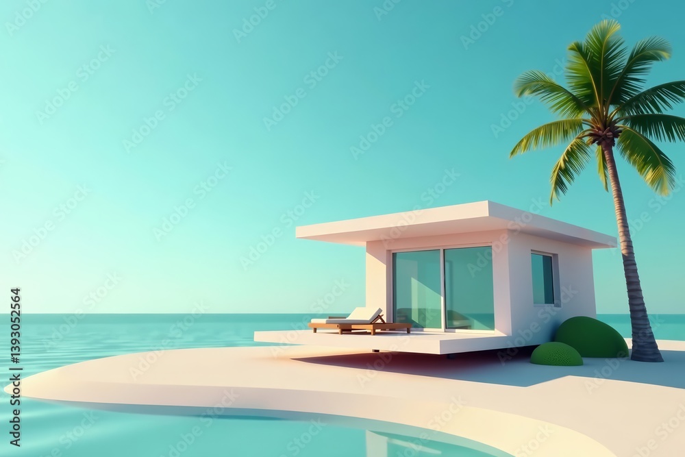 Fototapeta premium A modern low poly beach house with palm trees against a clear blue sky, architecture, relaxation, low poly