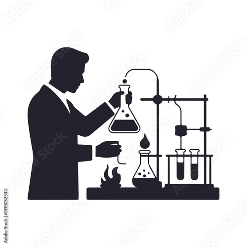  Scientist Mixing Chemicals in Laboratory with Bunsen Burner and Glassware