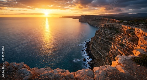 A panoramic view of the ocean from a cliffside.