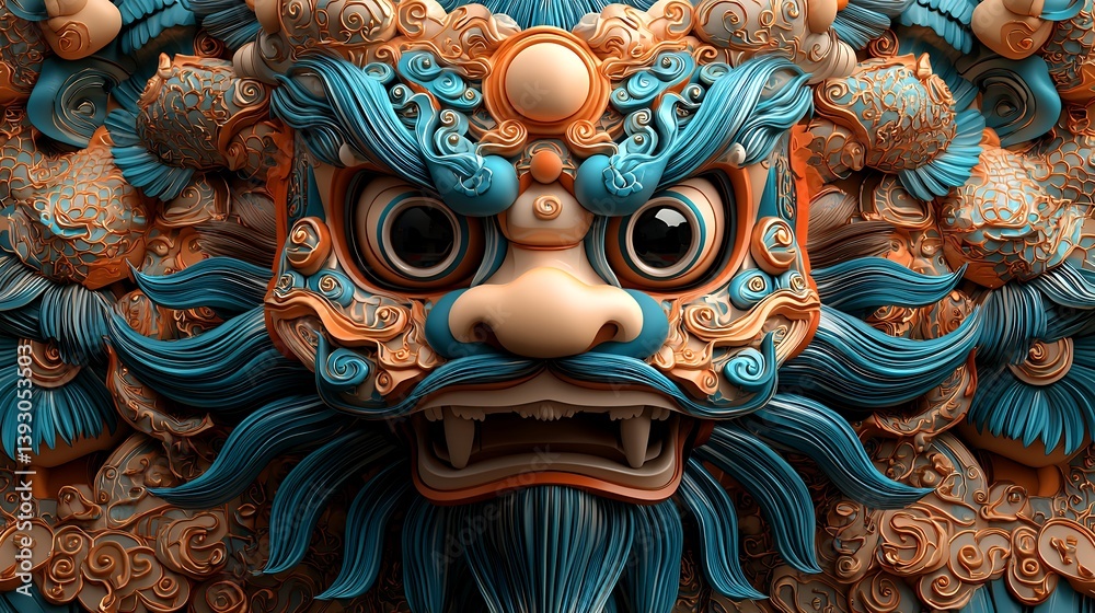 Fototapeta premium Intricate details of a majestic, ornate lion's head, rendered in vibrant teal and burnt orange hues. 3D textured art