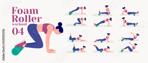 Foam Roller Workout. women exercise vector set. Women doing fitness and yoga exercises. Lunges, Pushups, Squats, Dumbbell rows, Burpees, Side planks, Glute bridge, Leg Raise, Russian Twist .etc