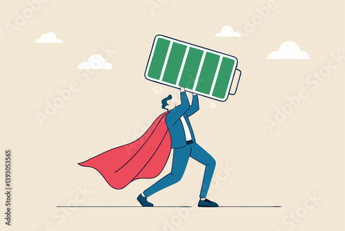 Full battery recharge, full energy to work or refresh from exhaustion, burnout recover, fuel employee or productive and efficient concept, energetic businessman superhero carry full recharge battery.
