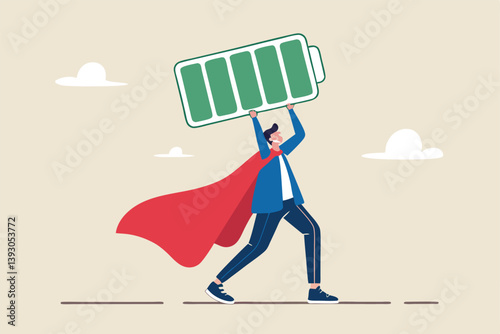 Full battery recharge, full energy to work or refresh from exhaustion, burnout recover, fuel employee or productive and efficient concept, energetic businessman superhero carry full recharge battery.