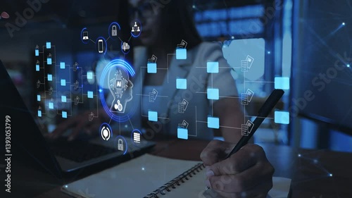 Ai Futuristic holographic interface of a file manager, folder structure with documents and data scanning, digital document storage software, cloud database, search and manage documents, paperless